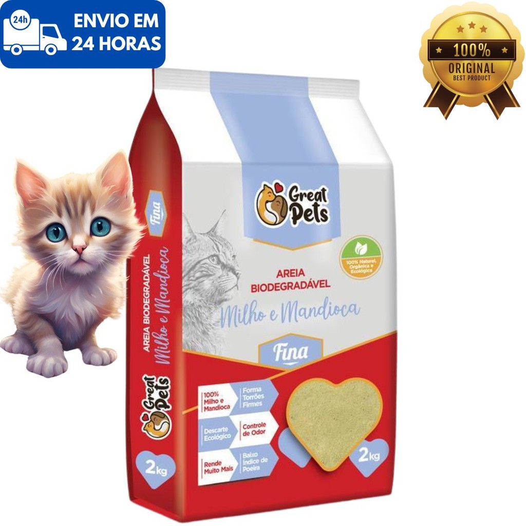 Areia Higiênica para Gatos Biodegradável Grãos Finos Milho e Mandioca ...