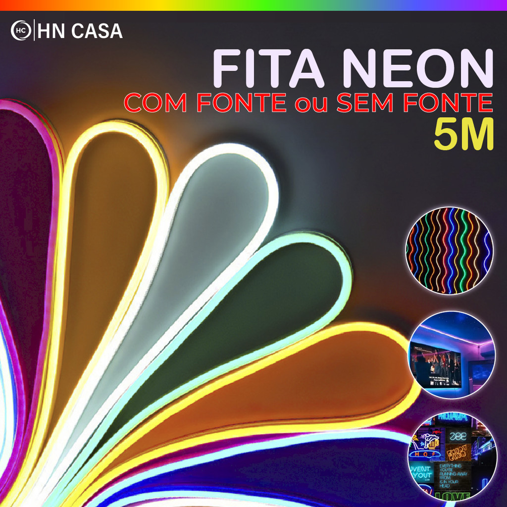 Fita de LED Mangueira Neon 5 Metros IP65 Flexível Com ou Sem Fonte | 8 Cores
