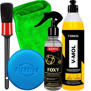 Kit Produto para Limpar Moto Corrente de Motocicleta Foxy Razux e Shampoo Limpeza Pesada Tira Barro V-Mol Vonixx