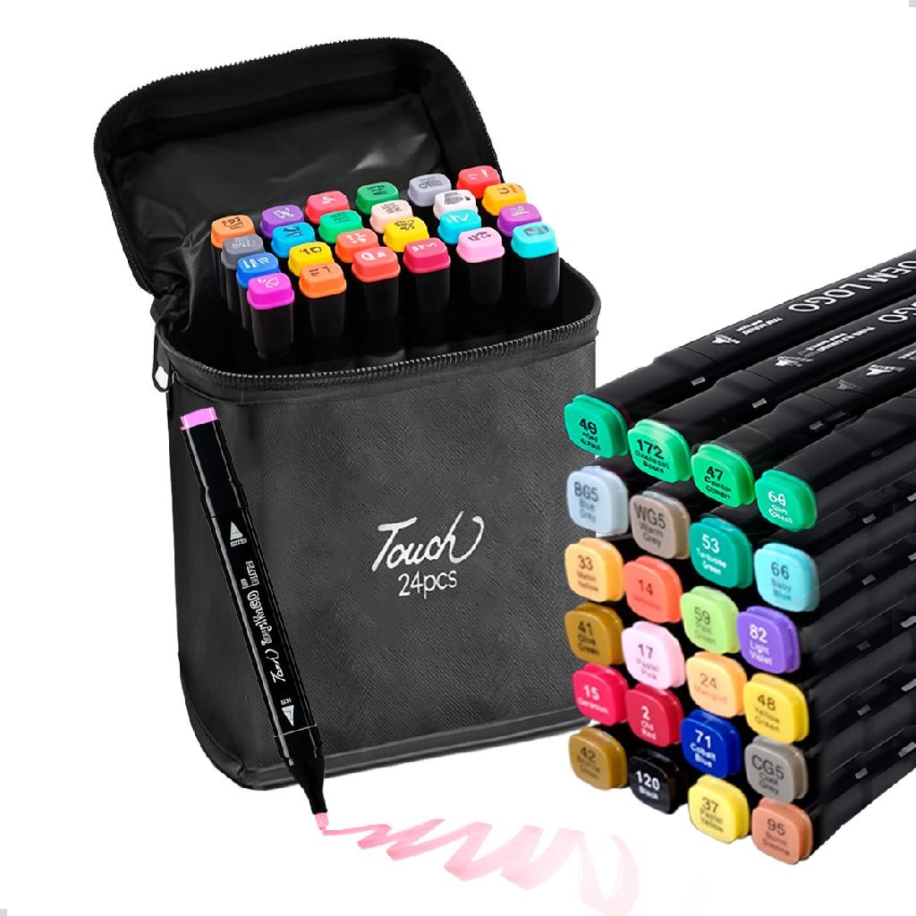 Kit 24 Canetinhas Coloridas Ponta Dupla Fina Grossa Escolar +