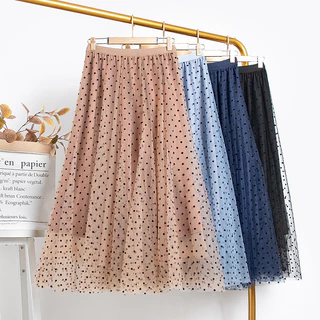 Qooth Women Polka Dot Mesh Skirt Elegante Saia Em Trapézio De Cintura Alta Tule Longo Para A Primavera De Verão QT2078