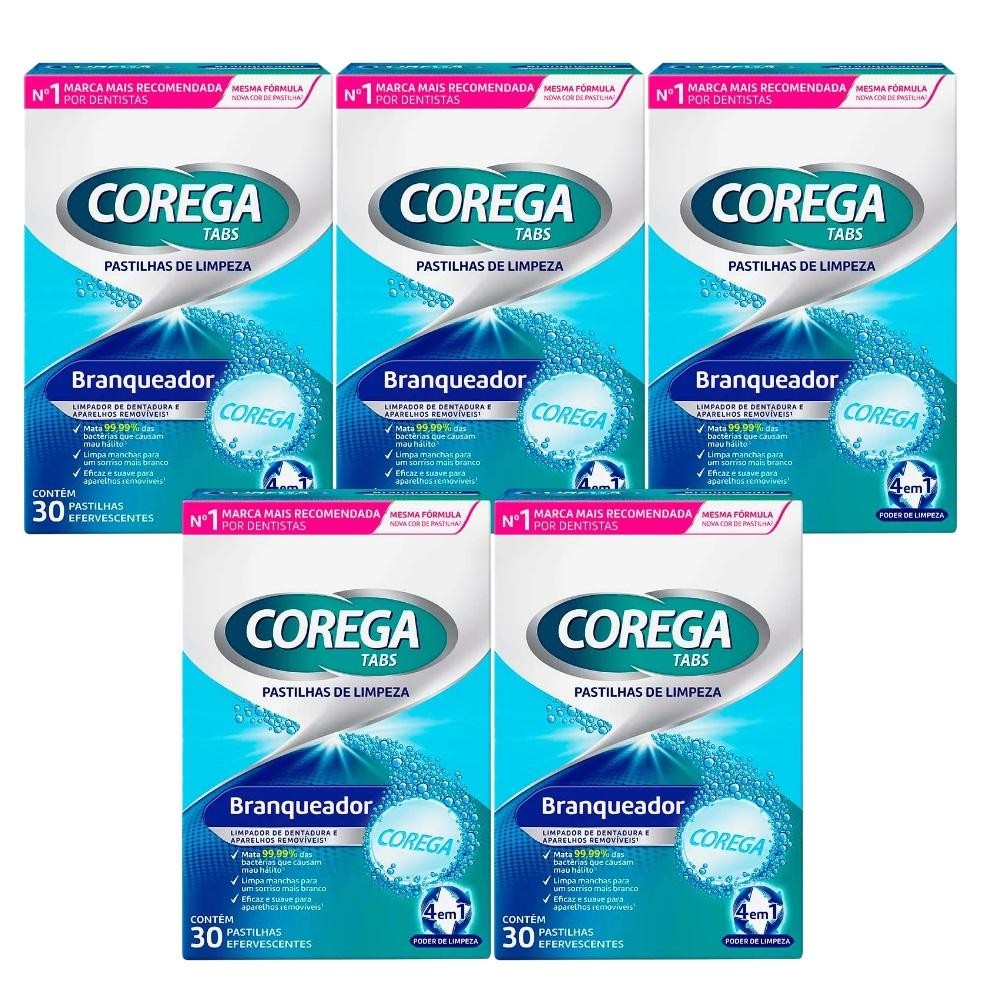 Kit Corega Tabs Branqueador Com 5 Unidades De 30 Pastilhas ...