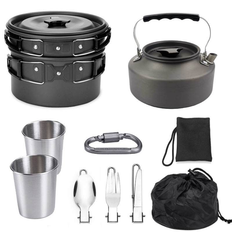 Kit de Cozinha Completo para Camping 2-3 Pessoas | Conjunto com Chaleira, Panelas e Utensílios | Portátil e Resistente