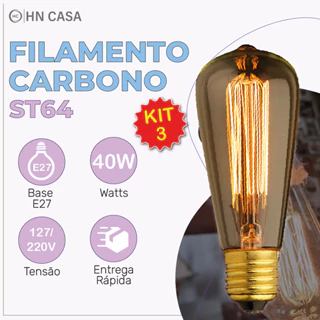 Kit 3 Lâmpada Filamento Carbono ST64 40W E27 LUZ QUENTE (AMARELO) Âmbar 110V~220V