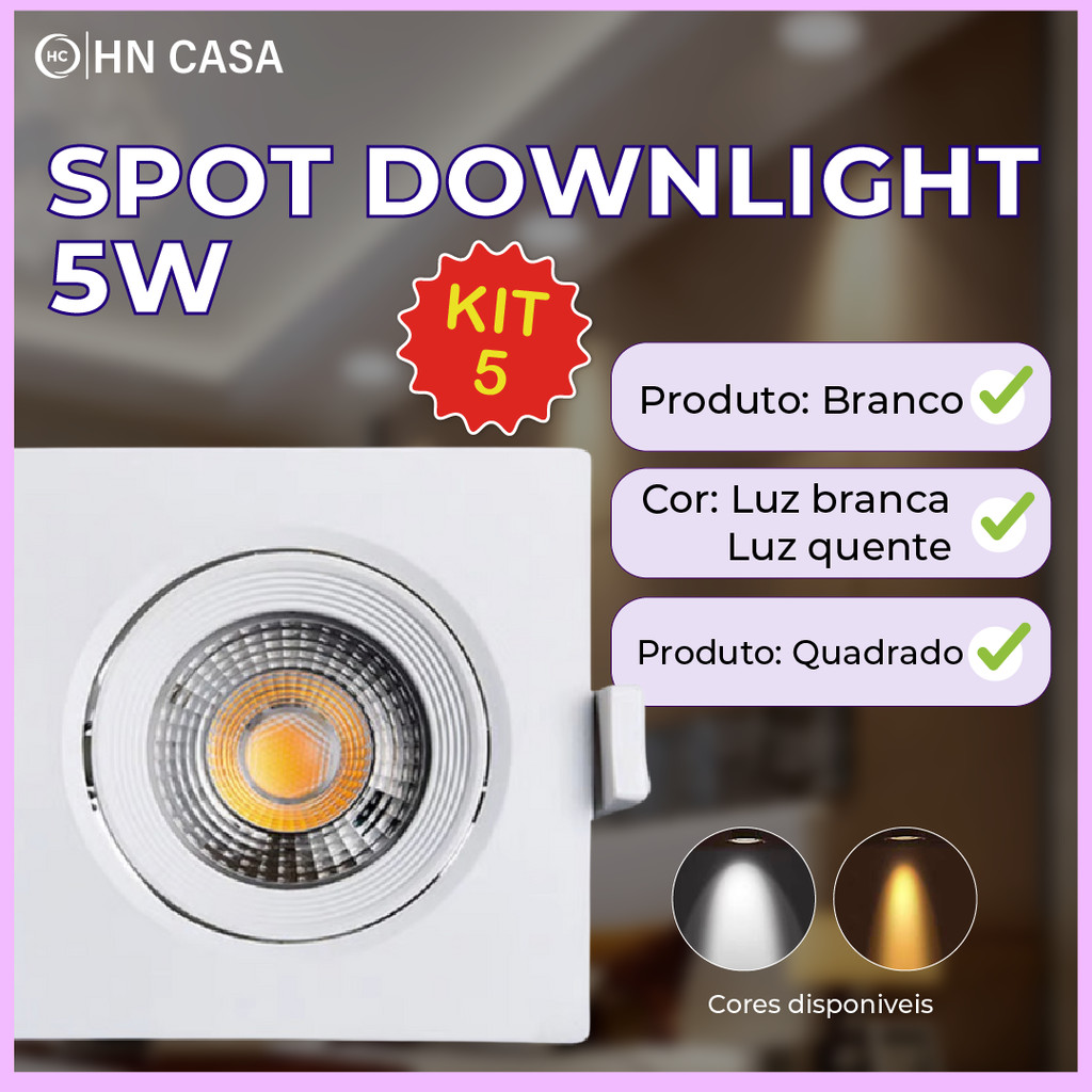 Kit 5 Luminárias Spot LED Quadrado 5W Direcionável Embutir Gesso Teto, Branco Frio 6500K ou Quente 3000K, Bivolt