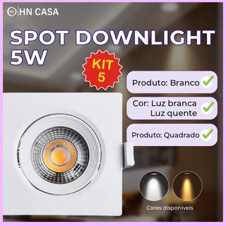 Kit 5 Luminárias Spot LED Quadrado 5W Direcionável Embutir Gesso Teto, Branco Frio 6500K ou Quente 3000K, Bivolt