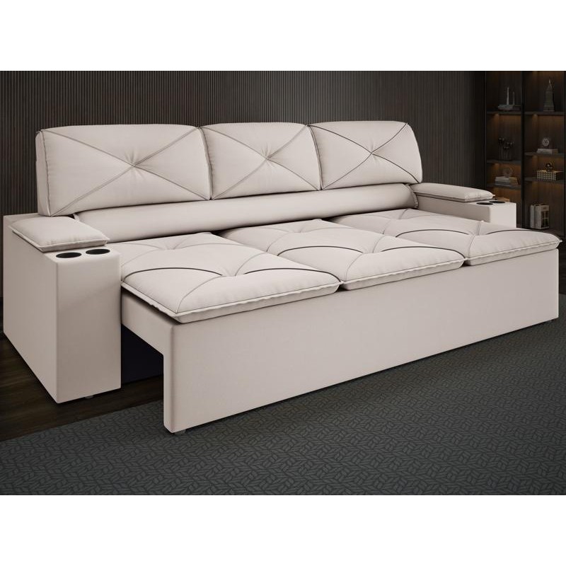 Sofá com Porta Copos Retrátil e Reclinável Pop 2,05m Velosuede Areia - NETSOFAS
