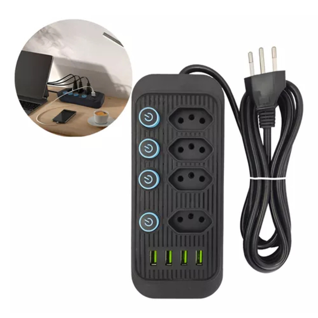 Extensão com Carregamento Rápido Desligamento de Tomada USB e Entrada tipoC Cabo de Alinhamento 2/3/5 Metros