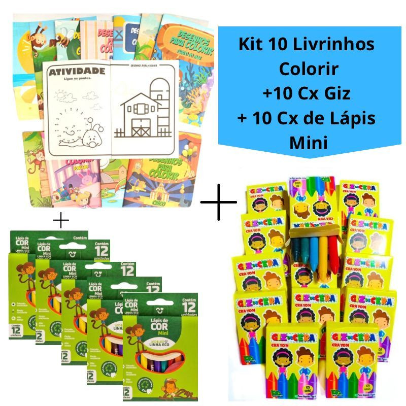 Kit 10 Lápis Mini + 10 Cx Giz de Cera Mini + 10 Livrinhos de Colorir ...