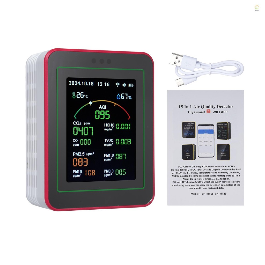 Monitor WiFi 10-in-1 Qualità Dell'Aria | Rileva CO, HCHO, PM2.5, Temperatura E Umidità – Display TFT 2.8'' (Bianco)