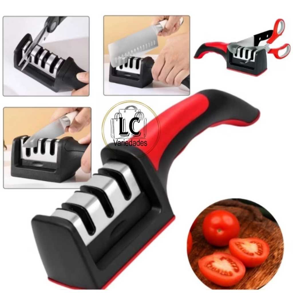 Amolador afiador de facas em aço inox com 3 afiadores