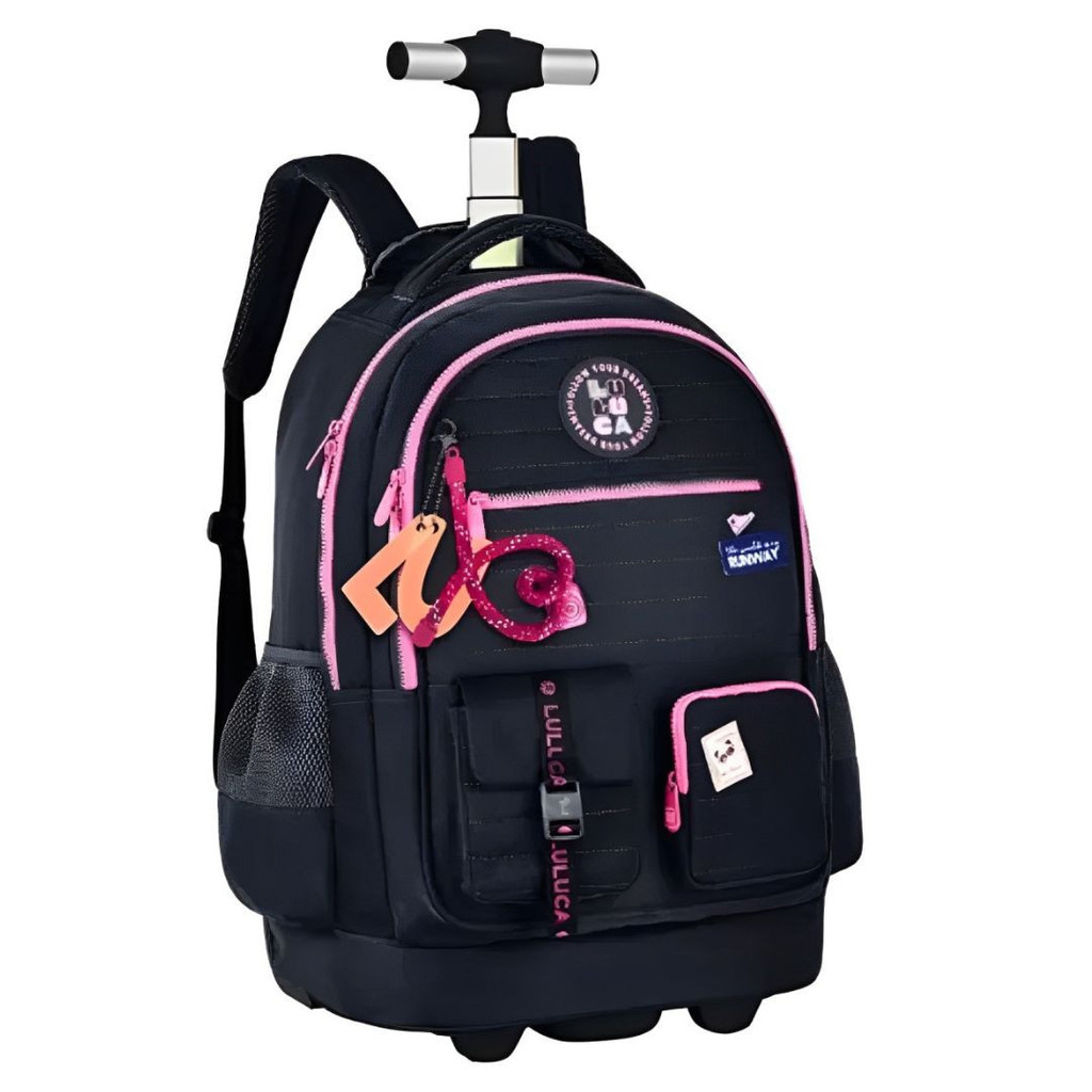 Mochila Carrinho Rodinha Luluca Bolsa Mala Escolar Viagem Preto Rosa ...