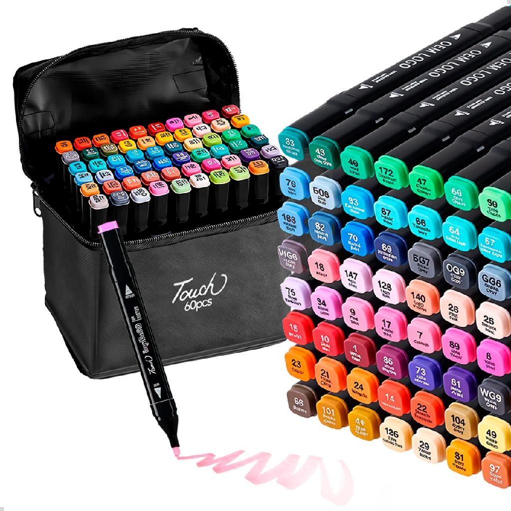 Conjunto Canetinhas 60 Cores Ponta Dupla Fina Grossa + Estojo