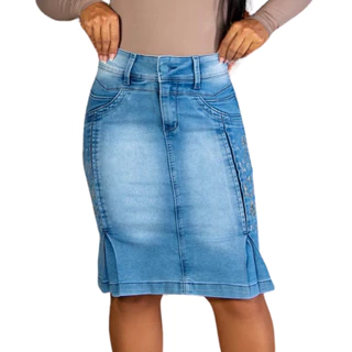 SAIA JEANS CINTURA ALTA COM LYCRA EVANGÉLICA , BORDADO, BOTÃO ENCAPADO, STRASS E PÉROLAS