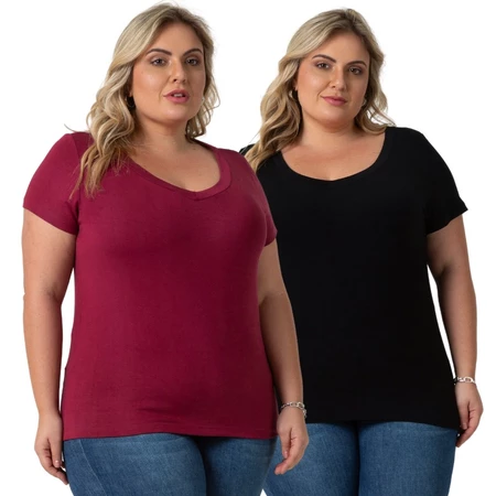 Kit 2 Blusa Plus Size Decote V Várias Cores Moda Feminina 103836 K2 DROP C1
