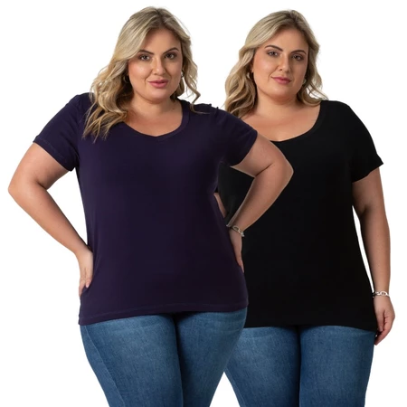Kit 2 Blusa Plus Size Decote V Várias Cores Moda Feminina 103836 K2 DROP C1