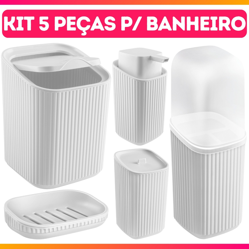 Kit Completo Banheiro 5 Peças Lixeira, Saboneteira e Porta Sabonete Líquido, Escova e Algodão Av