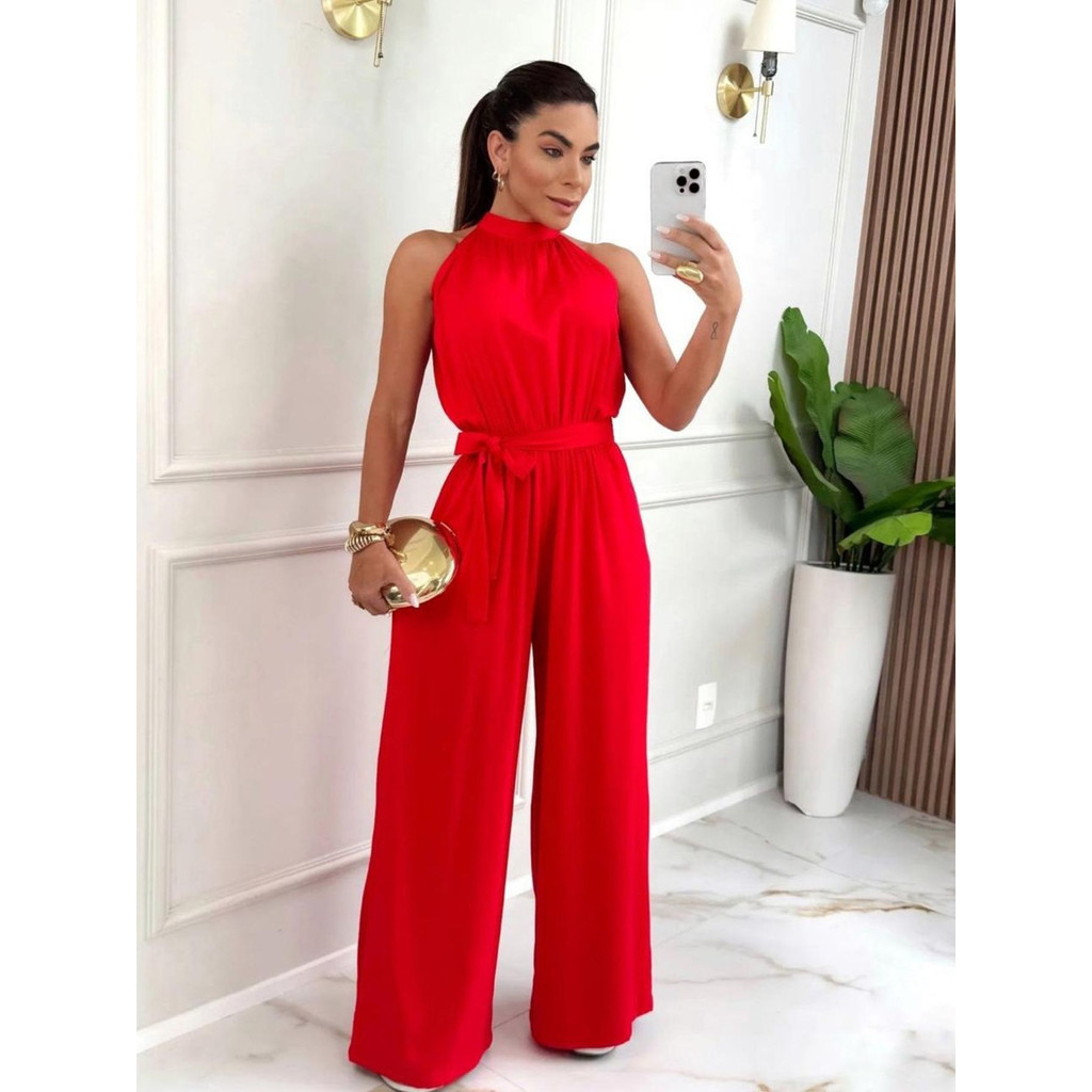 Macacão Feminino Longo Acinturado Festa Social Elegante | Shopee Brasil