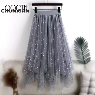 Moda Feminina Saias Em Tule Comprimento Irregular Midi Verão Estrela Lantejoulas Casual Cintura Alta Malha Linha A