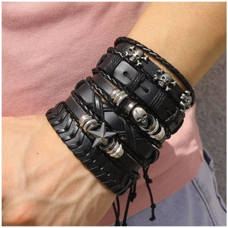 Punk Multicamadas Pulseira De Couro Conjunto Crânio Olho Estrela Encantos Hiphop Rock Masculino Goth Jóias