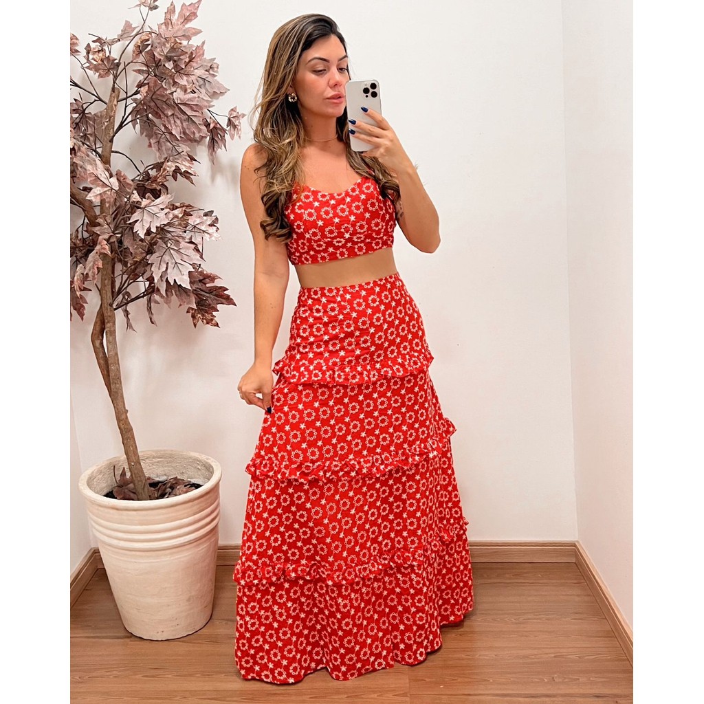 Conjunto Lese Saia Longa e Cropped Feminino Festas | Shopee Brasil