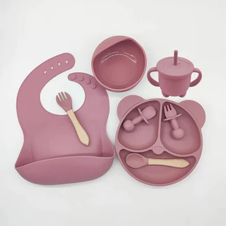 Talheres do Bebê 8PCS/Conjunto Prato De Jantar De Silicone Para Bebês Com Tigela De ventosa Sippy em Oferta na Shopee