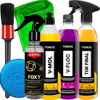 Kit Limpa Motor de Moto Motocicleta e Lavagem Foxy Razux Shampoo Neutro V-Floc Shampoo Limpeza Pesada V-Mol Cera Vonixx