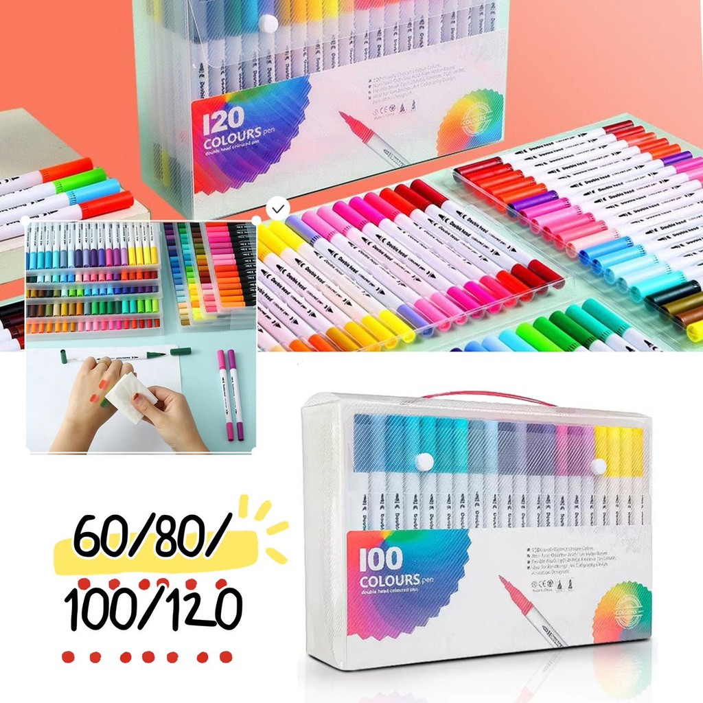 Kit 60/80/100 /120Canetas 2 em 1 Brush Lettering e Ponta Fina Dual Pen Canetinha Colorir Desenho