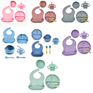 Kit 6 pecas Talheres do Bebê ConjuntoDe Silicone Para Bebês Com Tigela De ventosa Sippy Cup Bibs em Oferta na Shopee