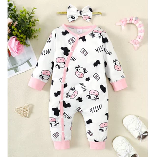 0-18 Meses Romper Recém-Nascido 2PCS Conjunto Vaca Laticínio Impressão com Faixa de Cabeça para Baby Girl Lazer