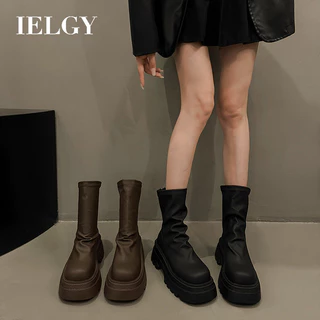 IELGY Outono E Inverno Botas De Salto Bloco Feminino Plataforma Larga Sola Pregas Pilha Stretch Skinny