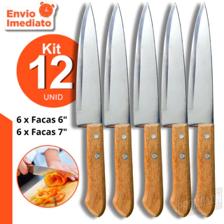 Kit 12 Facas de Cozinha 6" e 7" Aço Inox com Cabo de Madeira Churrasco Corte Preciso