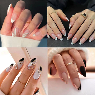 unha postiça amendoada realista francesinha Natural Com Cola media unhas Falsas nails pintada unhas postiças decoradas