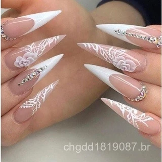 24 Peças unhas postiças decoradas largas unha postiça realista em gel bailarina Falsos Com Cola De Diamantes em Oferta na Shopee