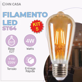 Kit 5 Lâmpada Filamento LED ST64 4W E27 LUZ QUENTE (AMARELO) Âmbar Retrô Vintage 110V~220V | Bivolt