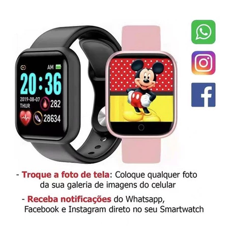 Smartwatch D20 Relógio Inteligente y68 Esportivo Bluetooth Android iOS Com foto Na Tela