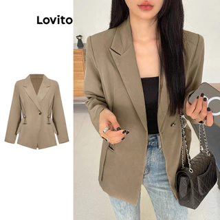 Lovito Blazer casual liso com babados e gola contrastante com laço para mulheres L110AD694 em Promoção na Shopee Lovito Blazer casual liso com babados e gola contrastante com laço para mulheres L110AD694