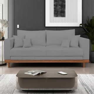 Sofá 3 Lugares Living Com Base Madeira Linho Balaqui Decor
