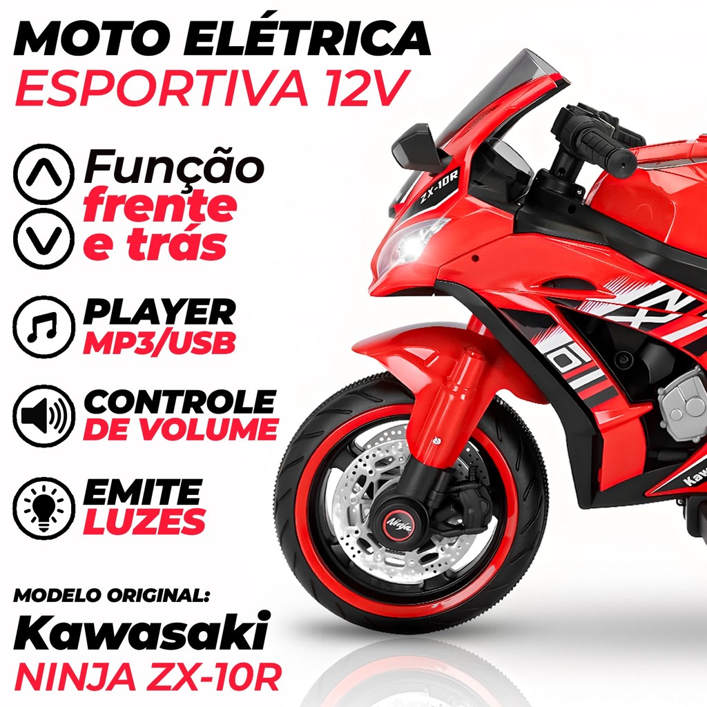 Moto Kawasaki ZX-10R Infantil Elétrica 12V Musical Vermelha Com
