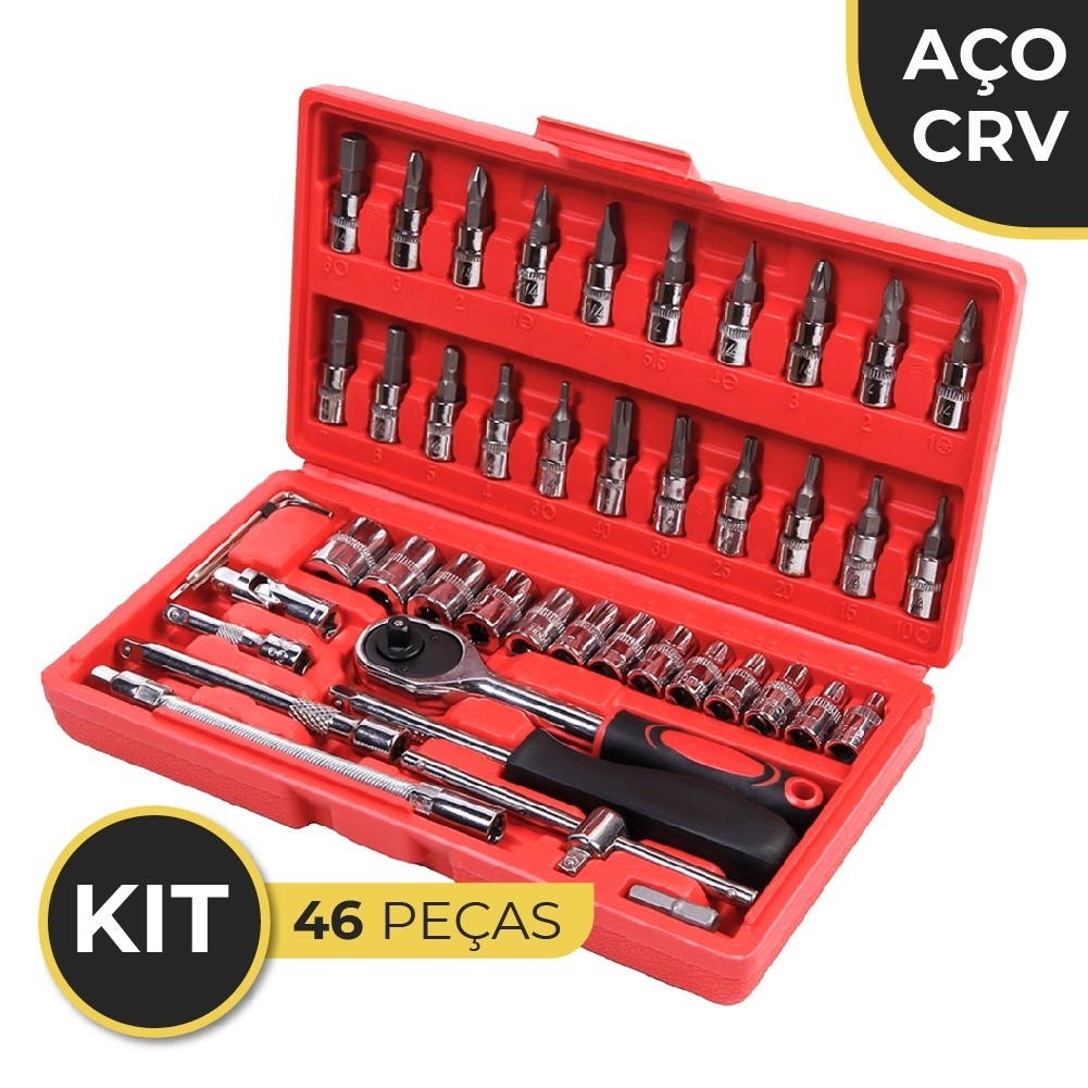 Maleta Jogo Conjunto Chave catraca 46 peças 1/4'' com soquete reversível resistente aço inox -- Linha Premium