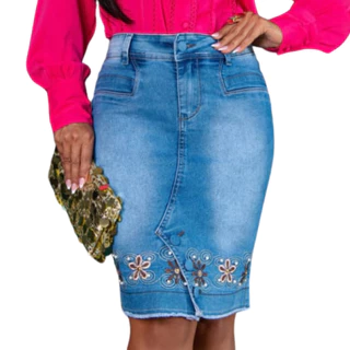 SAIA JEANS FEMININA CINTURA ALTA COM LYCRA EVANGÉLICA , BORDADO BARRA, PÉROLAS METAL