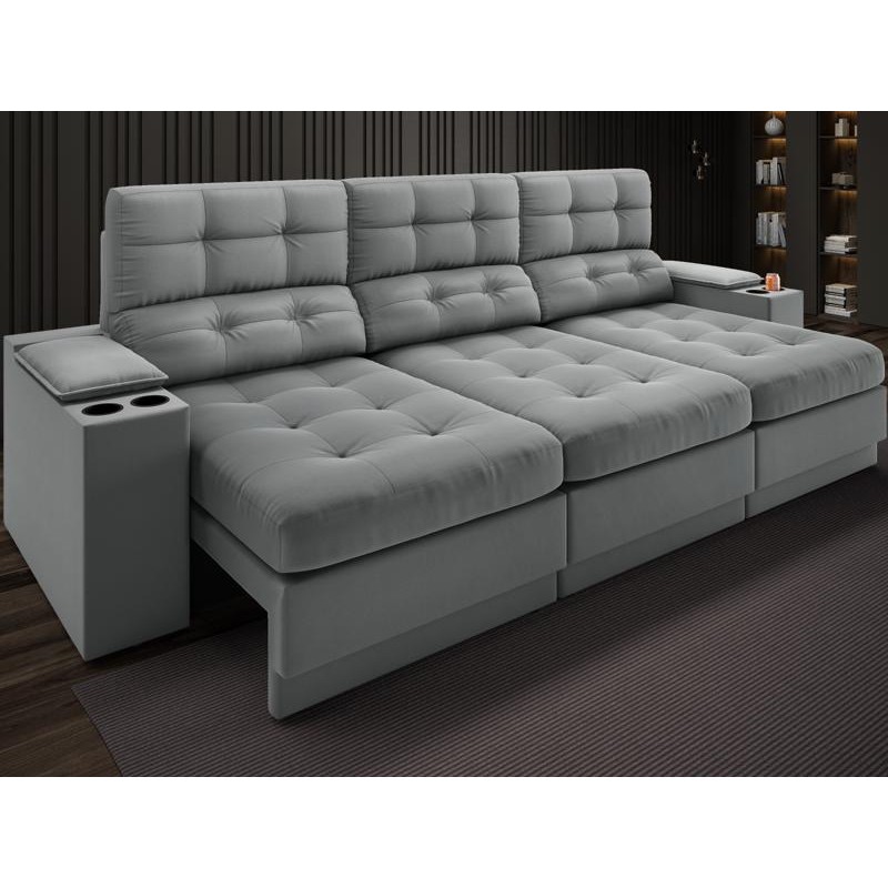Sofá com Porta Copos e Carregador USB Eureka 2,30m Assento Retrátil e Reclinável Velosuede Grafite - NETSOFAS