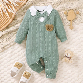 1-18 Meses Bebê Recém-Nascido Menino Bonito Macacão De Manga Comprida Lapela Gravata Borboleta Malha Urso Infantil OOTD