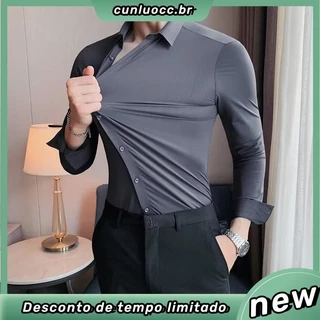 Cor Sólida Alta Elasticidade Seda Confortável Sentimento de Drape Sem Costura Camisa Casual