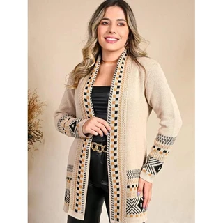 Cardigan Kimono Tricot Feminino Quadriculado Casaco Teddy Manga Longa Aberto Elegante WM Malhas