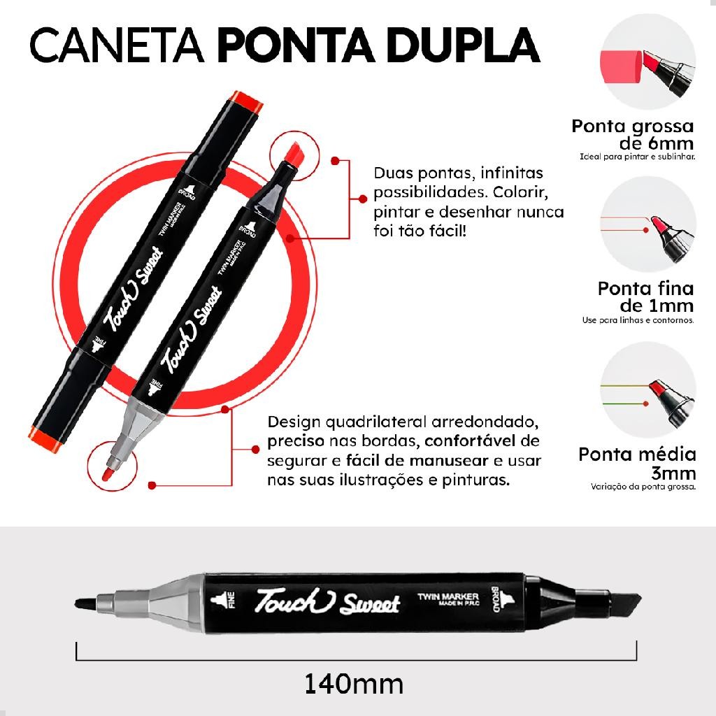 Conjunto Canetinhas 60 Cores Ponta Dupla Fina Grossa + Estojo