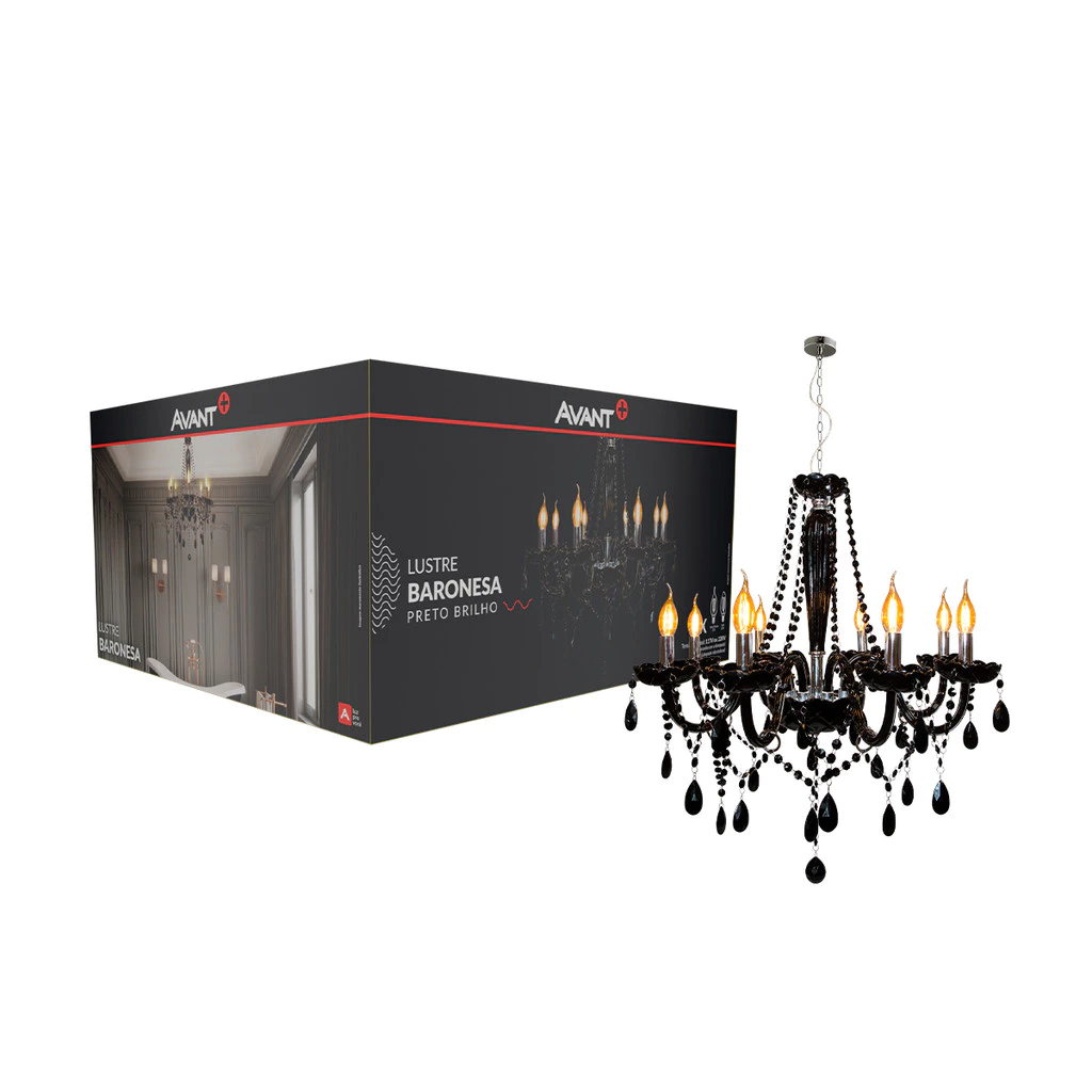 Lustre Luminaria led Baronesa 8xE14 Preto Brilho Cod: 785100074 Avant