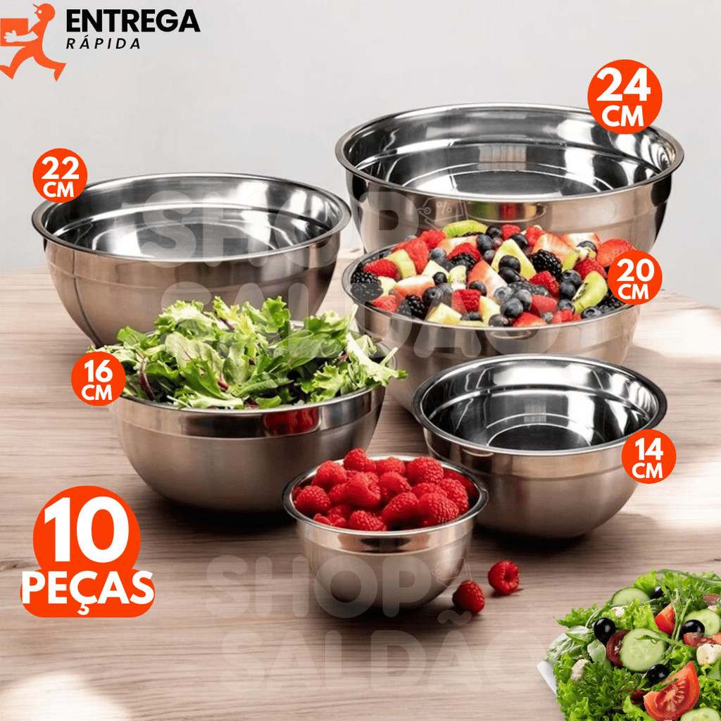 Conjunto de Tigela Bowl Inox com 5 Tamanhos diferentes 14cm 16cm 20cm ...