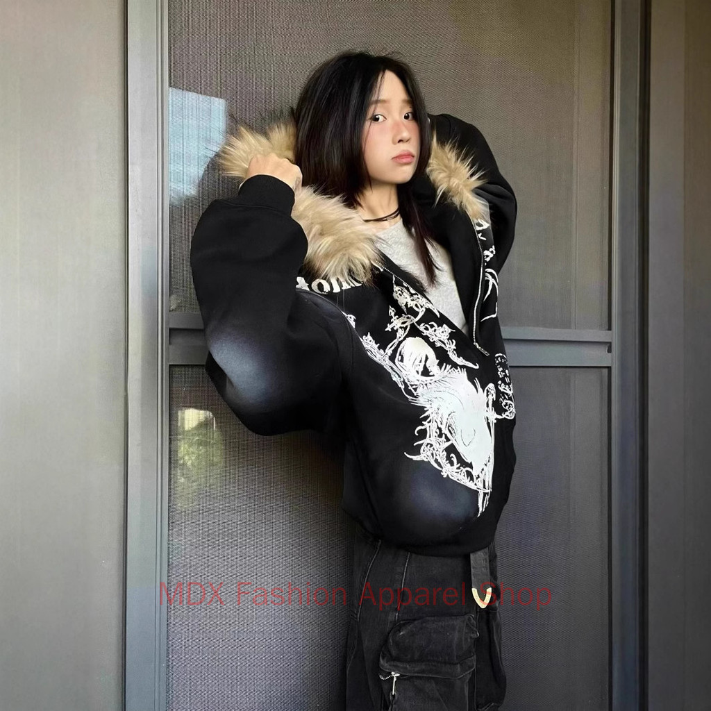 American Retro Y2k Millennium Fur Collar Zipper Jaqueta Com Capuz