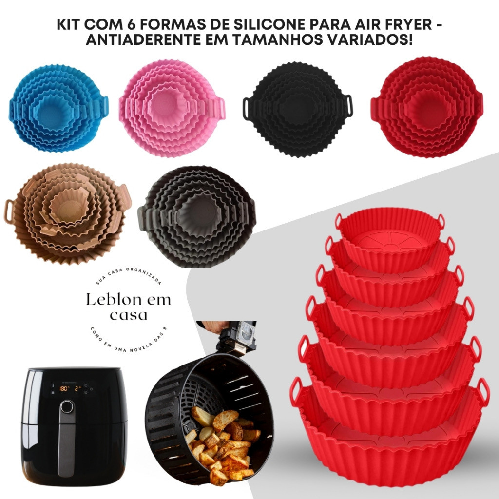 Kit 6 Formas Airfryer Tamanhos Variados Silicone Antiaderente Microondas Lavável com Alça